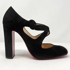 Christian Louboutin Miss Ellen 100 Black Suede Cross Strap Maryjane Pumps Heels